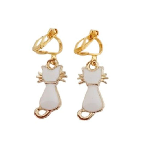 White Cat Clip On Earrings