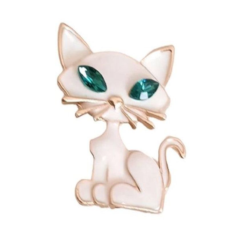 White Cat With Green Crystal Eyes Brooch