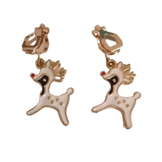 White Enamel Reindeer Christmas Clip On Earrings