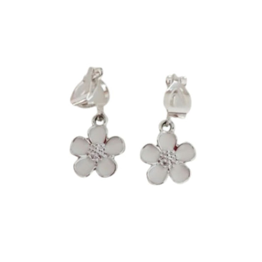 White Flower Small Drop Clip On Earrings