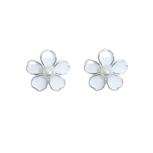 White Flower Stud Pearl Clip On Earrings
