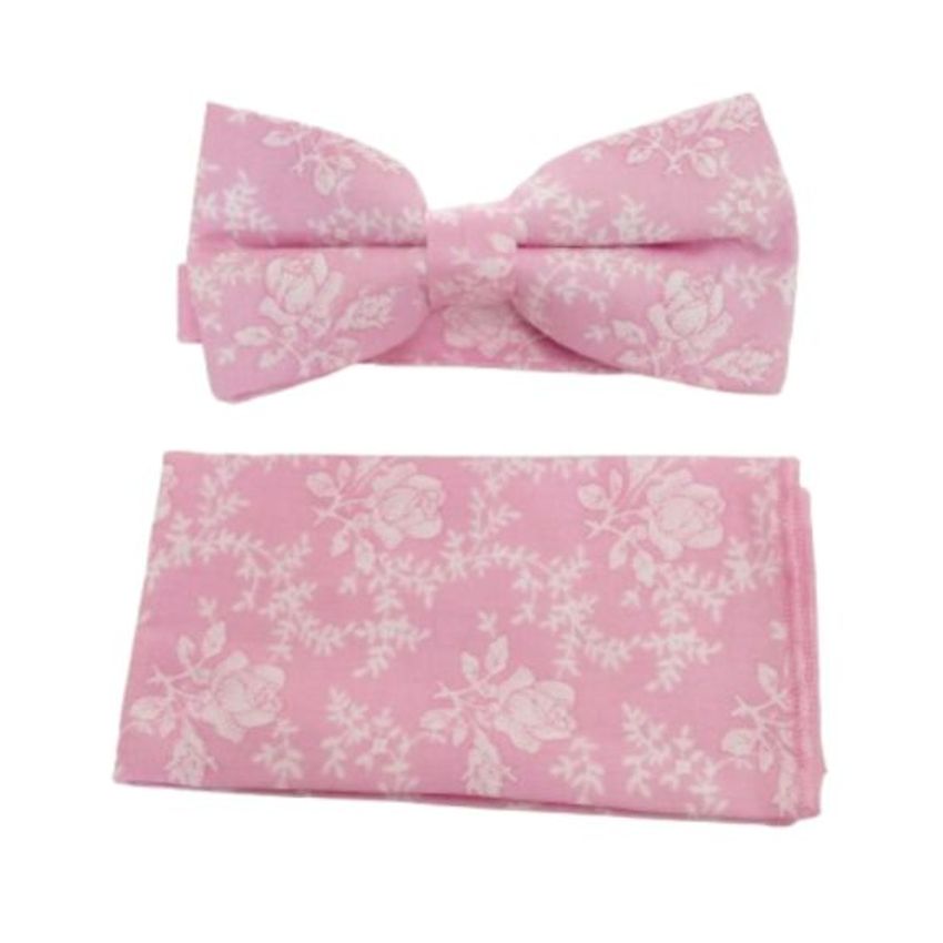 White Flowers Pink Bow Tie And Hanky Set