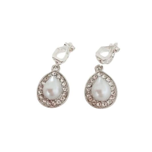 White Pearl Oval Diamante Pearl Drop Clip On Earrings