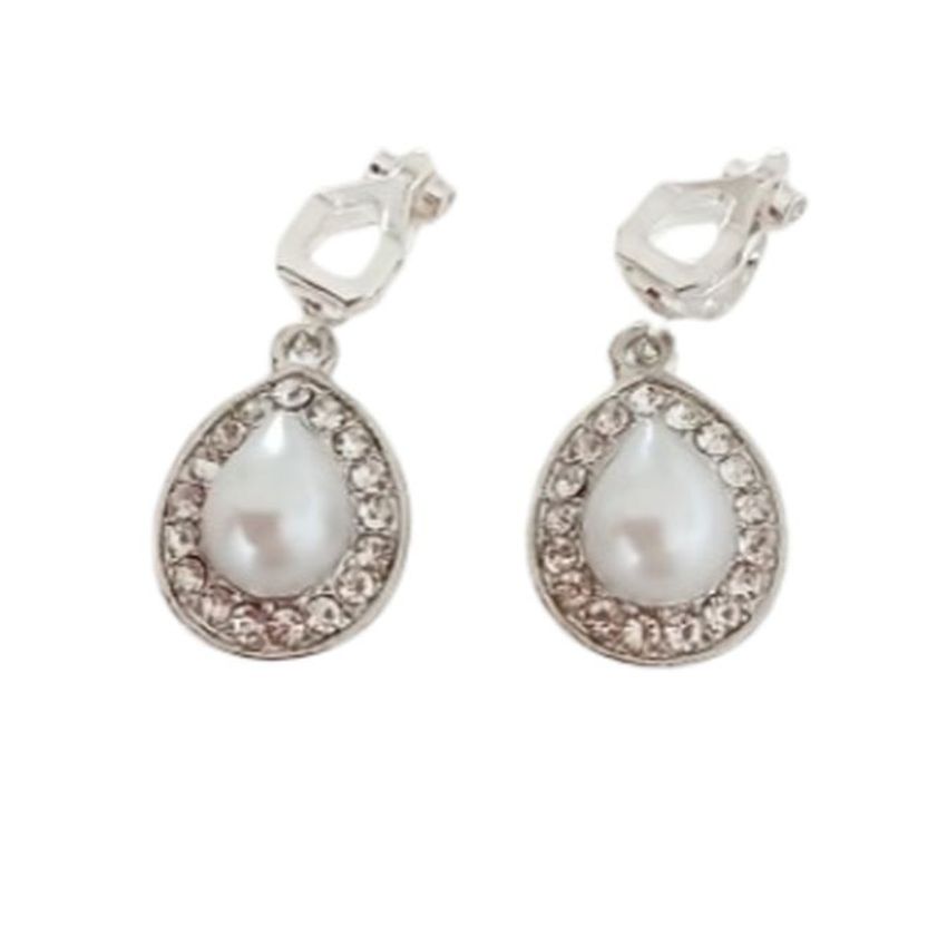 White Pearl Oval Diamante Pearl Drop Clip On Earrings
