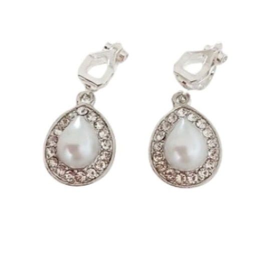 White Pearl Oval Diamante Pearl Drop Clip On Earrings