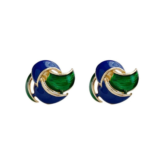 Woven Green And Blue Clip Earrings