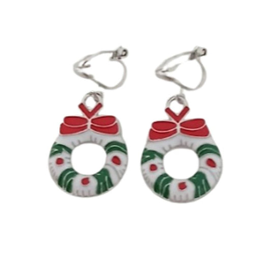 Wreath Christmas Clip On Earrings