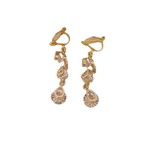 3 Drop Cubic Zirconia Gold Clip On Earrings