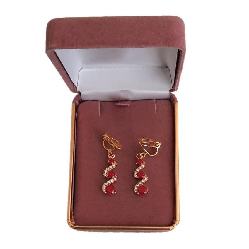3 Stone Red Crystal Drop Clip On Earrings