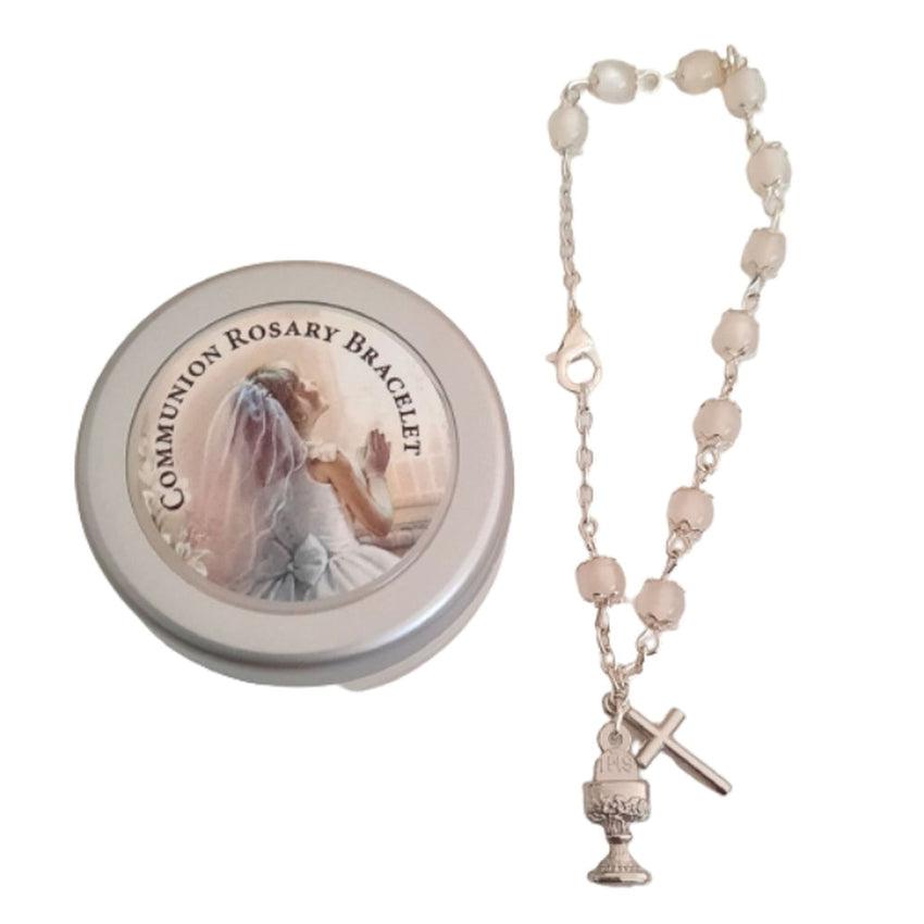 5mm Pearl Bead Rosary Bracelet With A Chalice And Crucifix Charm