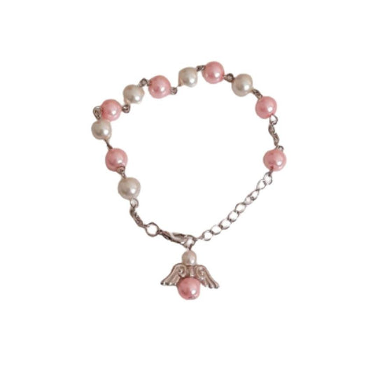 8mm Pink Pearl Glass Bead Angel Rosary Communion Bracelet