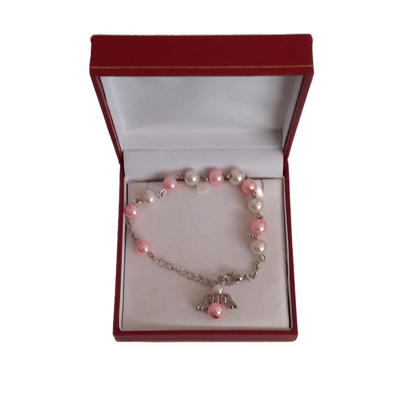 8mm Pink Pearl Glass Bead Angel Rosary Communion Bracelet