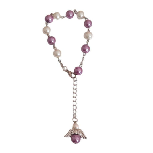 8mm Purple Pearl Glass Bead Angel Rosary Bracelet