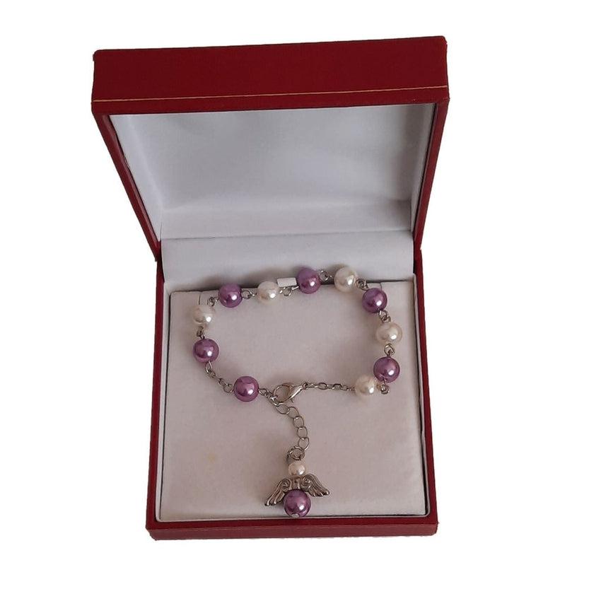 8mm Purple Pearl Glass Bead Angel Rosary Bracelet