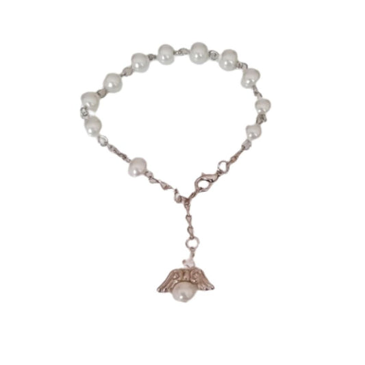 8mm White Pearl Glass Bead Angel Rosary Communion Bracelet