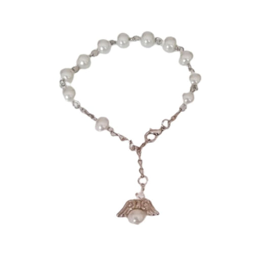8mm White Pearl Glass Bead Angel Rosary Communion Bracelet