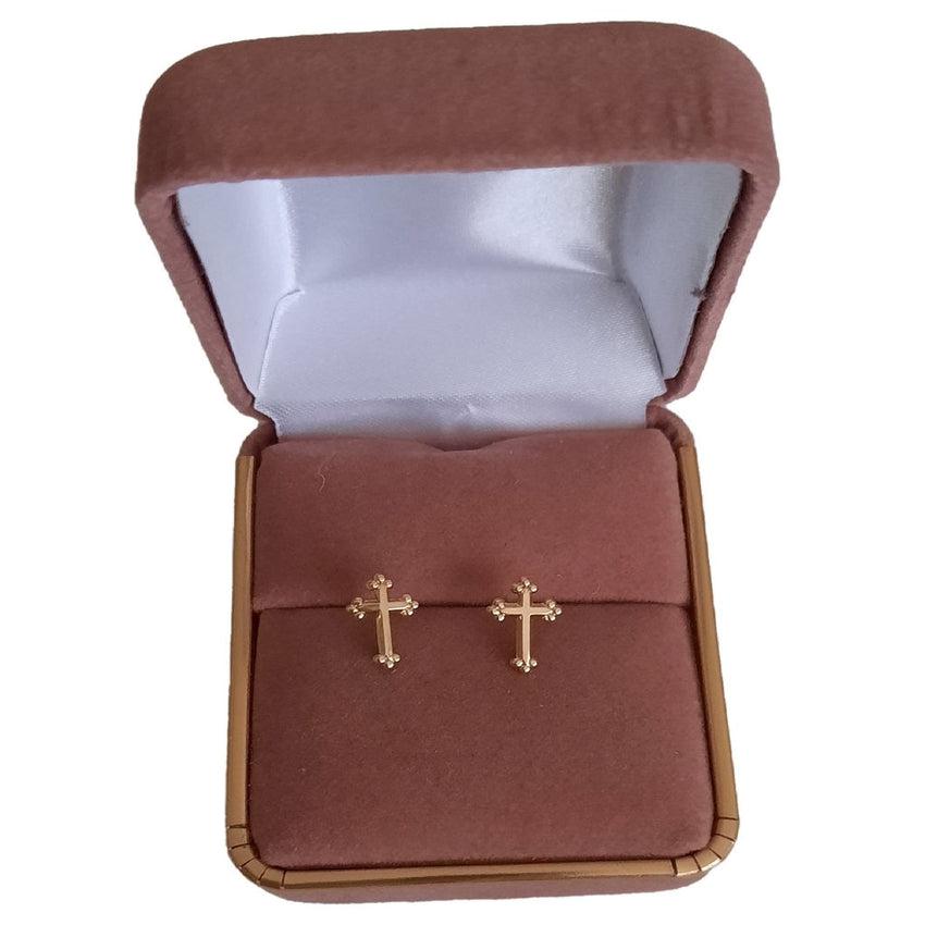 9ct Gold Bevelled Edge Girls Cross Earrings