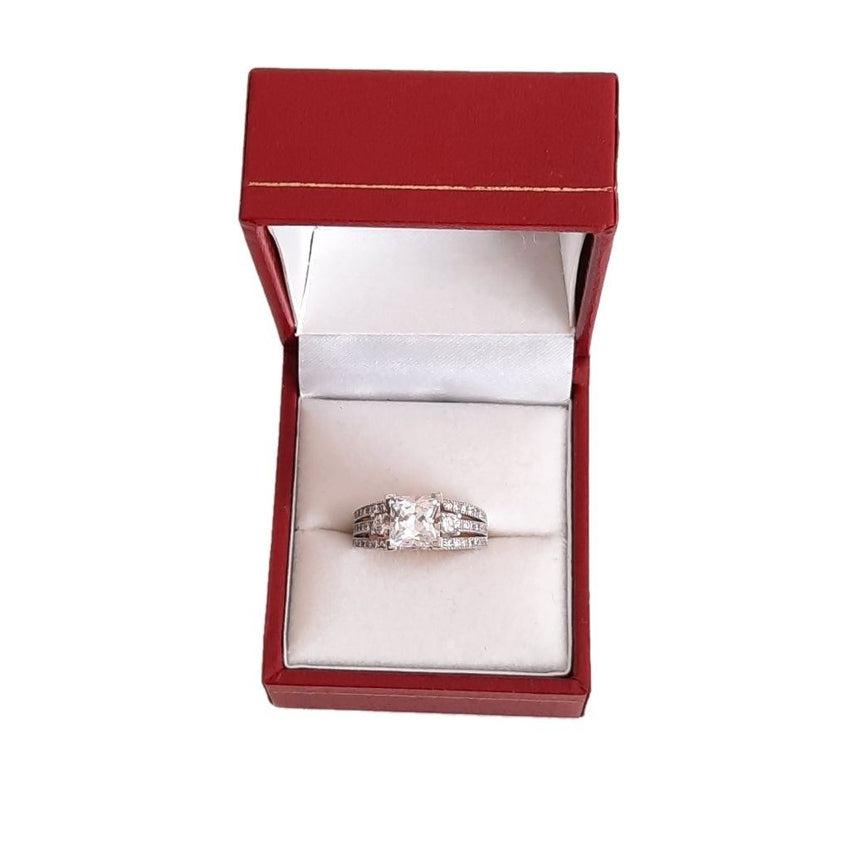Beautiful Cubic Zirconia Double Band Stone Set Ladies Silver Ring With a Square Centre Stone