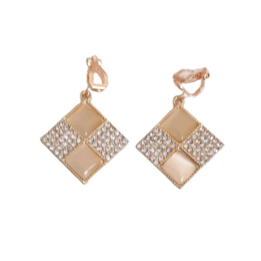 Beige Diamante And Gold Clip On Earrings