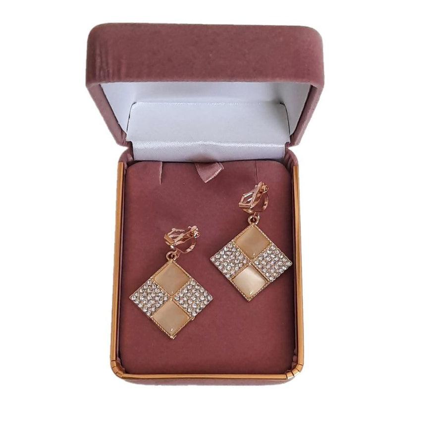 Beige Diamante And Gold Clip On Earrings