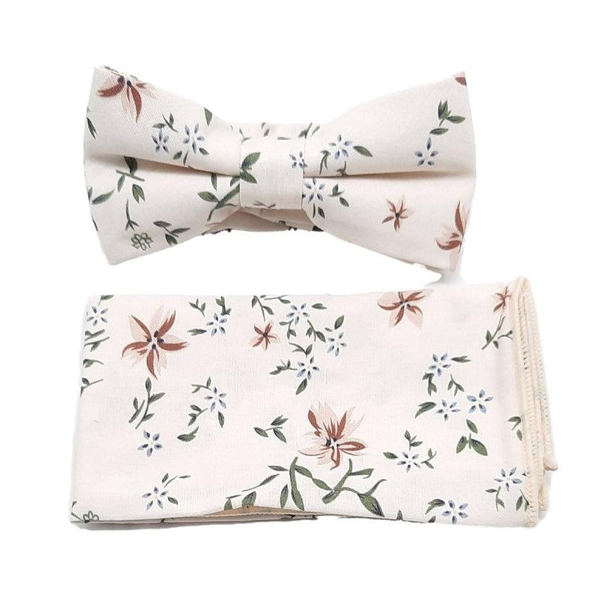 Beige Floral Boys Dicky Bow And Hanky Set