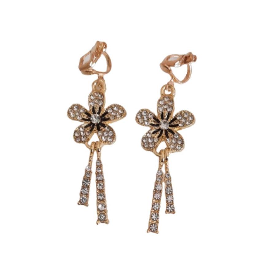 Black And Gold Flower Clip On Earrings
