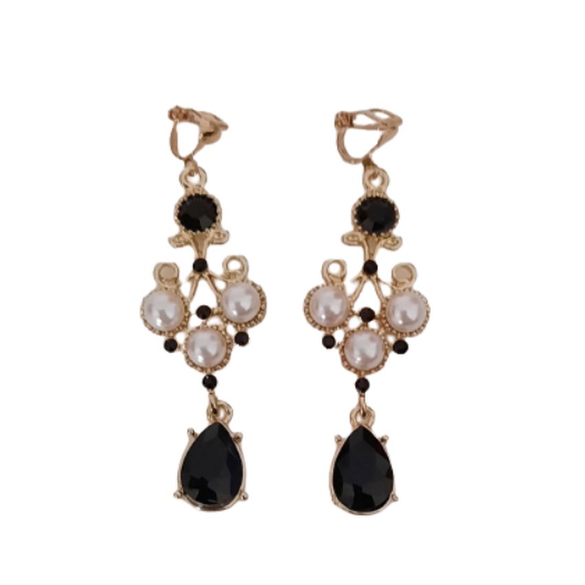 Black And Pearl Chandelier Clip On Earrings