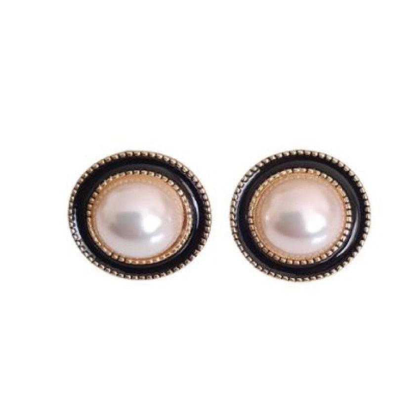 Black And Pearl Round Clip On Earrings