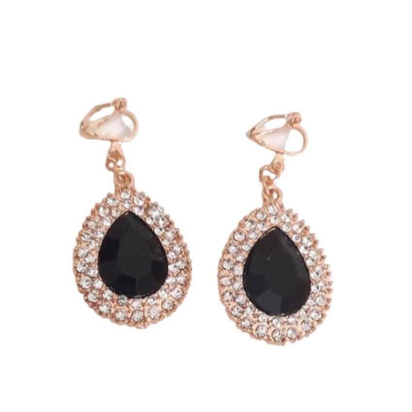Black Drop Diamante Clip On Earrings