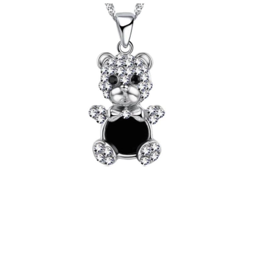Black Enamel And Crystal Stones Teddy Bear Necklace
