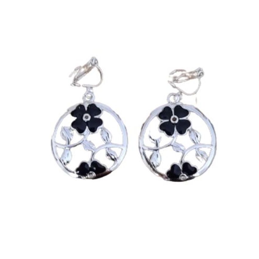 Black Enamel Flower Clip On Earrings