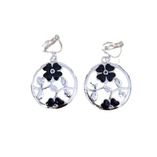 Black Enamel Flower Clip On Earrings