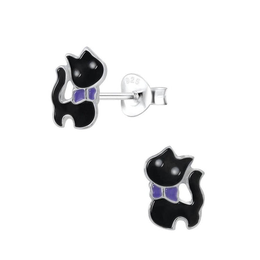 Black Enamel Sterling Silver Cat Earrings