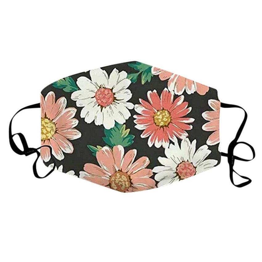 Black Peach And White Flower Print Face Mask