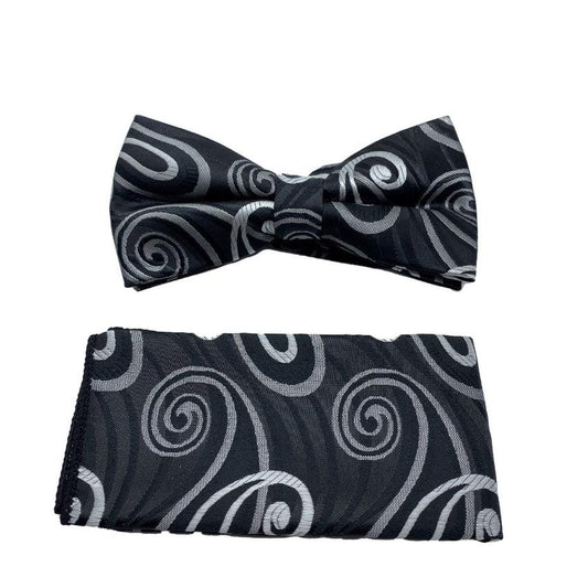 Black With White Swirl Pattern Adjustable Bow Tie Set