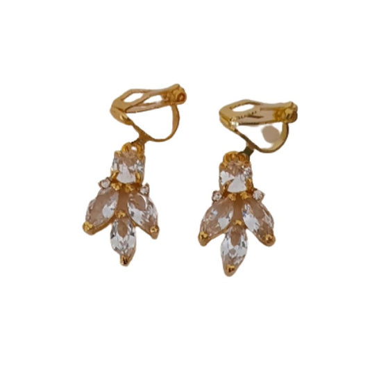 Bling Diamante Gold Flower Clip On Earrings