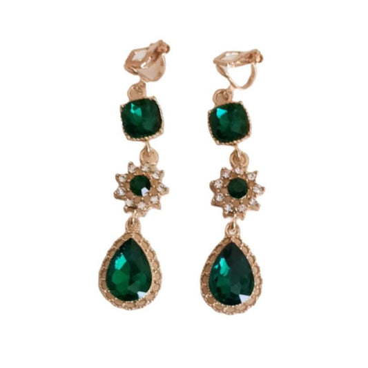 Bling Long Green CZ Clip On Earrings