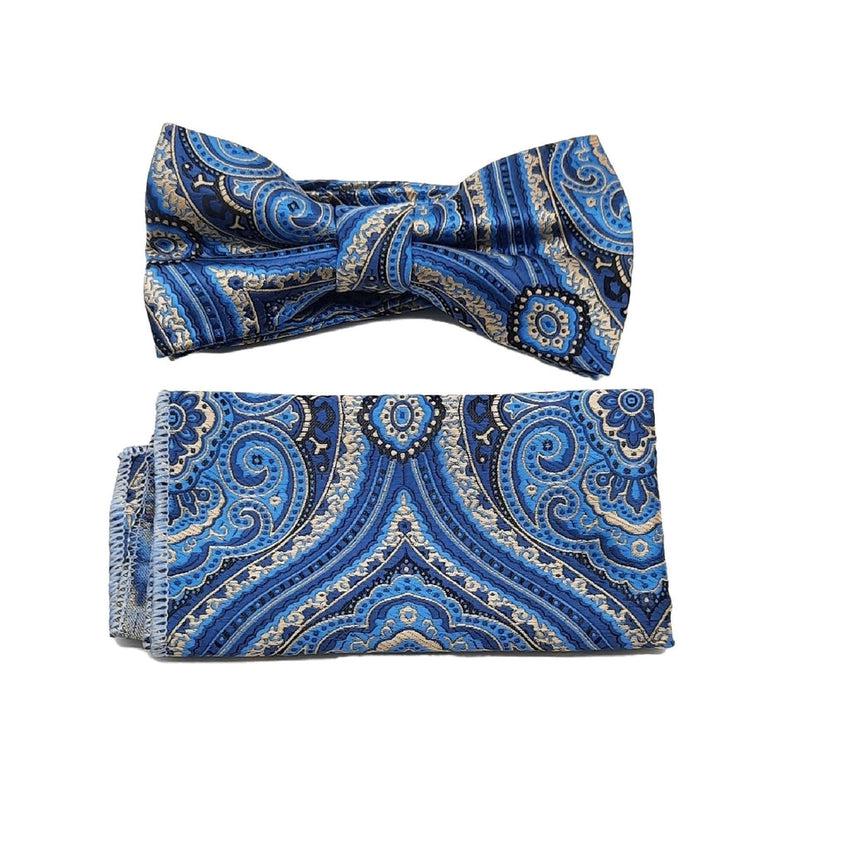Blue And Gold Bow Tie And Hanky Paisley Design Set