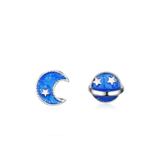 Blue And Silver Moon With Stars Earrings