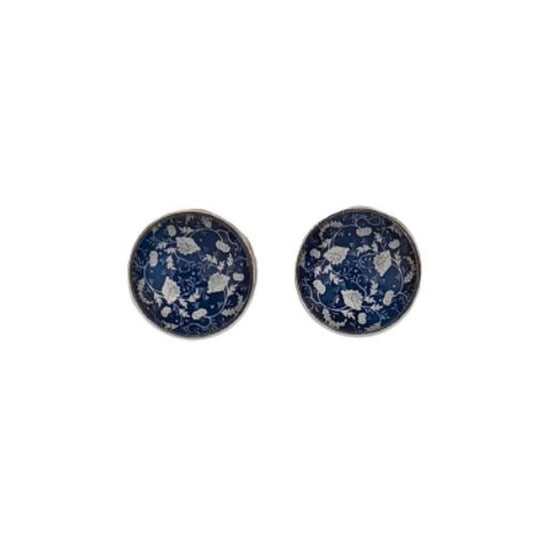 Blue And White Flower Cabochon Clip On Earrings