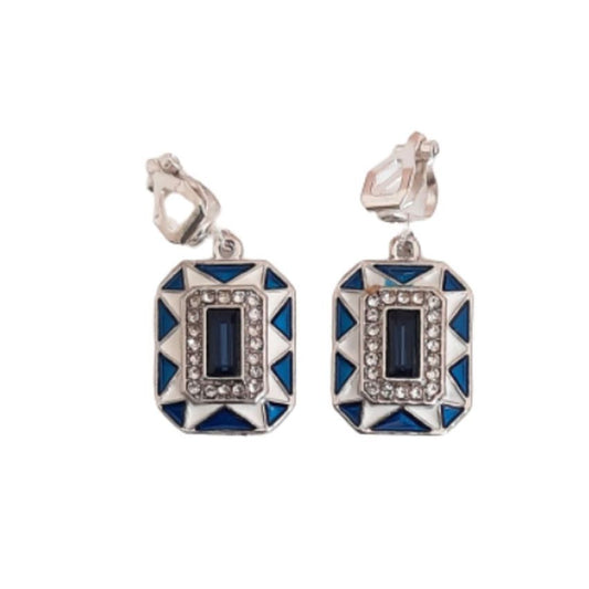 Blue And White Retro Clip On Earrings