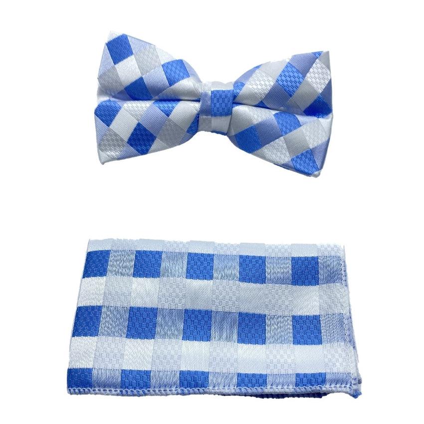 Blue And White Square Check Pattern Matching Bow Tie Set