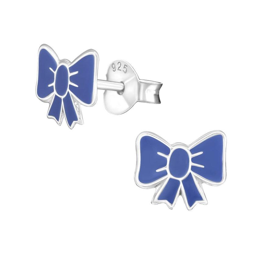 Blue Bow Sterling Silver Childrens Earrings