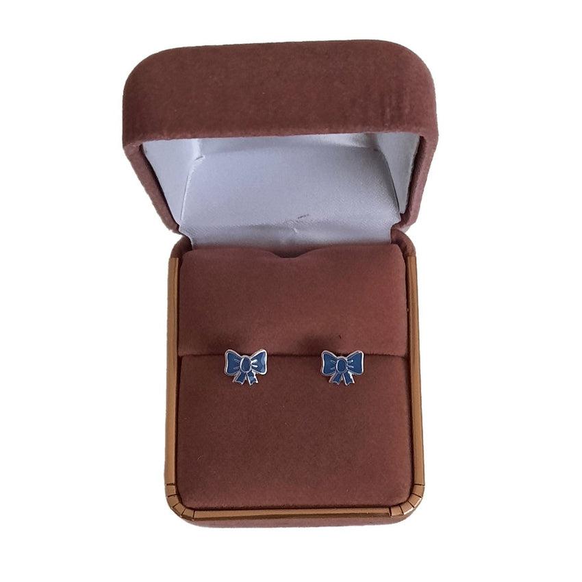 Blue Bow Sterling Silver Childrens Earrings