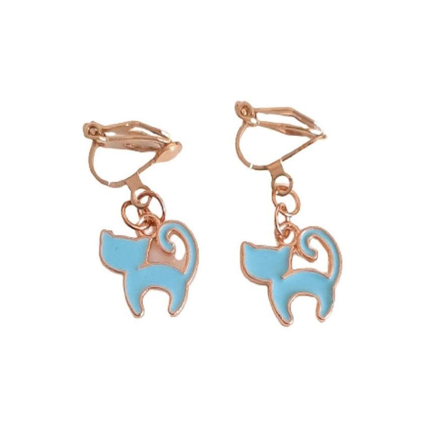 Blue Cat Clip On Earrings