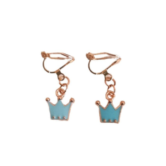 Blue Crown Drop Clip On Earrings