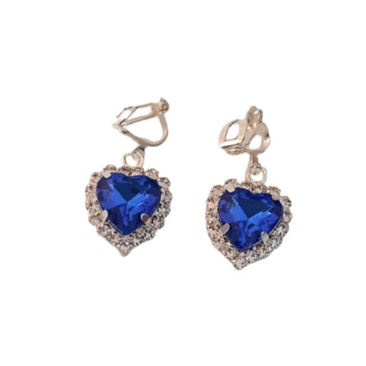 Blue Crystal Heart Clip On Earrings