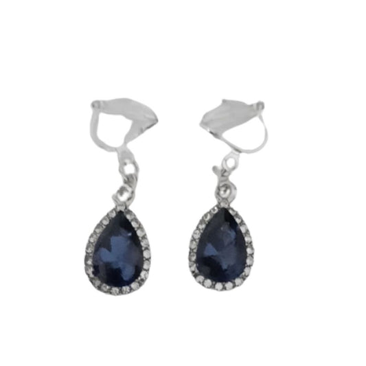 Blue Drop Diamante Clip On Earrings