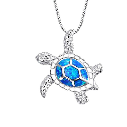 Blue Fire Opal Silver Turtle Pendant