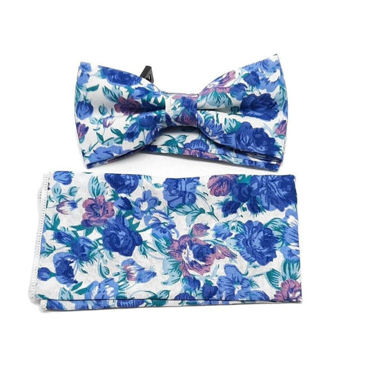 Blue Flower Design Boys Dicky Bow And Hanky Set